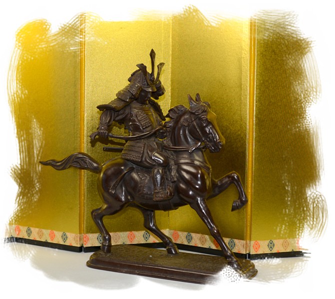 самурай в боевых доспехах верхом на коне, японская бронзовая статуэтка