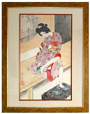 японская картина Девушка, вытирающая ножку, Кабурагу Киёката, 1930-е гг.