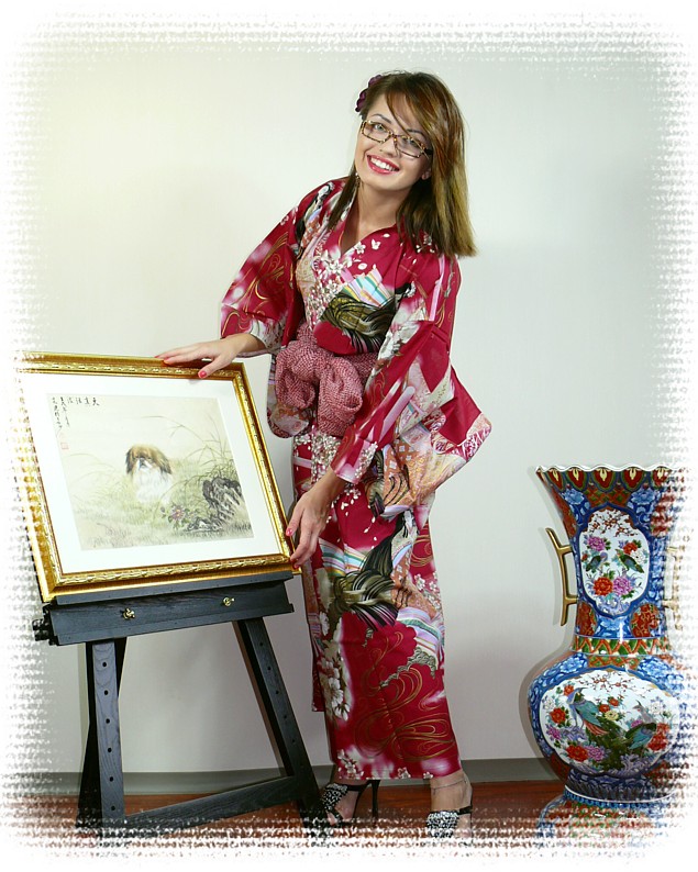 японский хин в траве, японская антикварная картина в раме